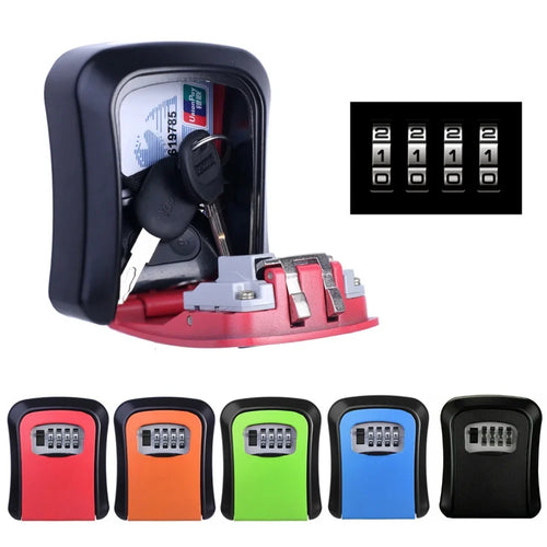 Wall-mounted metal key lock box with a four-digit combination dial, shown open with keys inside and in five colors.