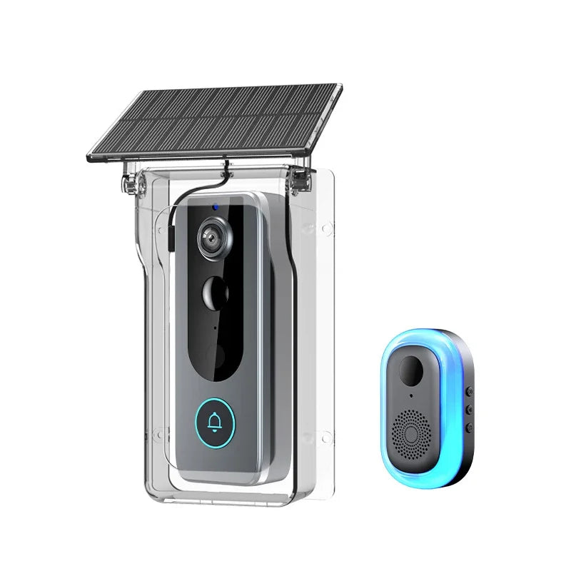Wireless video doorbell in a transparent rain shield with a top solar panel, plus a glowing blue wireless chime.