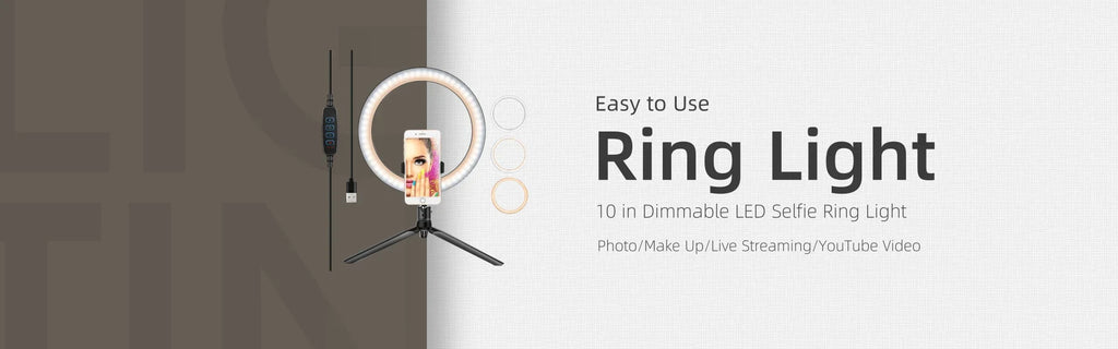 10-inch black plastic LED ring light with a smartphone holder and tripod stand, featuring a corded controller.