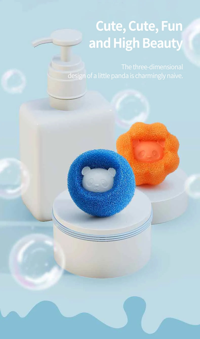 Two round, textured panda-themed sponges in bright blue and orange, displayed near a white pump soap dispenser.