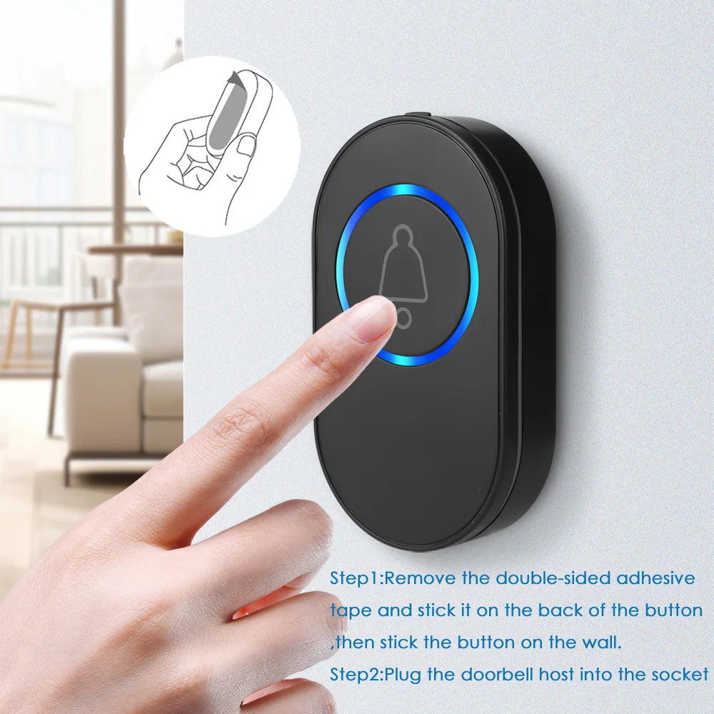 Sleek black wireless doorbell with a blue LED ring light being pressed by a finger. Includes wall-mounting instructions.