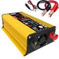 Yellow 6000W car power inverter with digital display, dual USB ports, and included battery cables and clips.