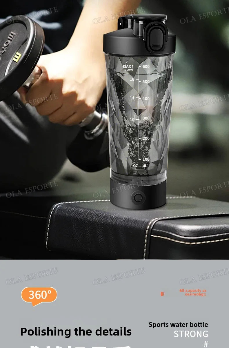 Black electric shaker bottle with a translucent, geometric-patterned body and measurement markings.