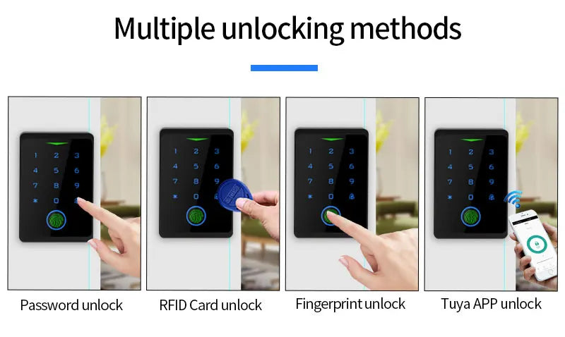 Black smart door lock with keypad, fingerprint scanner, RFID card reader, and app connectivity.