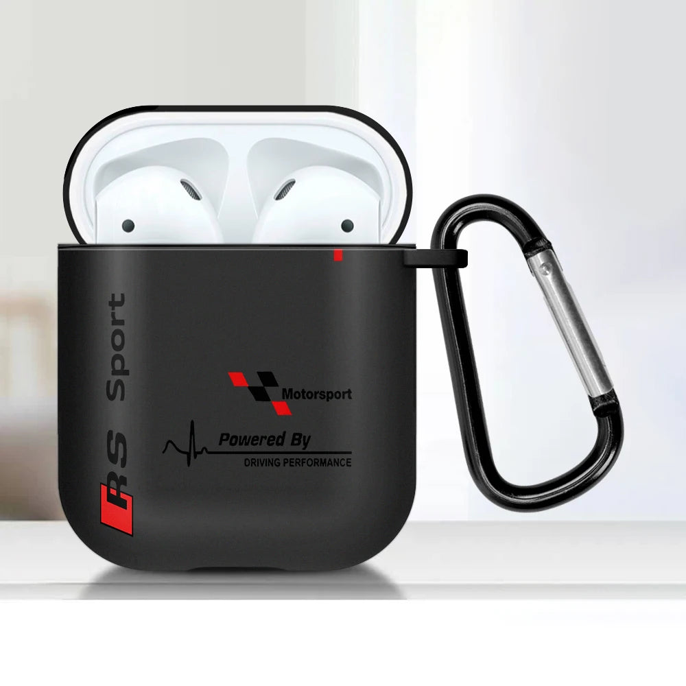Black silicone AirPods case with Audi RS Sport motorsport logo and carabiner clip. Compatible with standard AirPods.