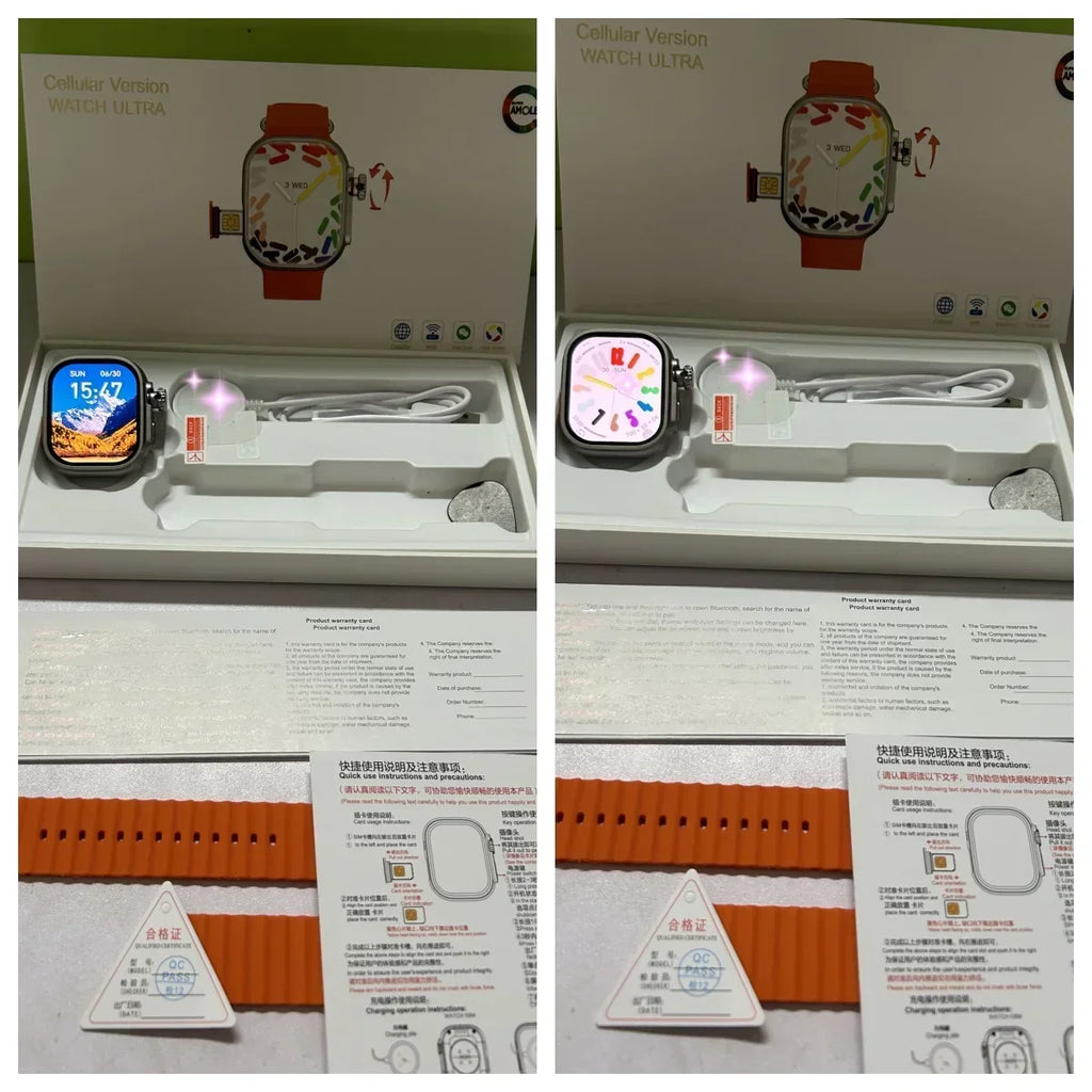 4G Android smartwatch with an orange silicone strap and 180° rotatable camera, shown in its presentation box.