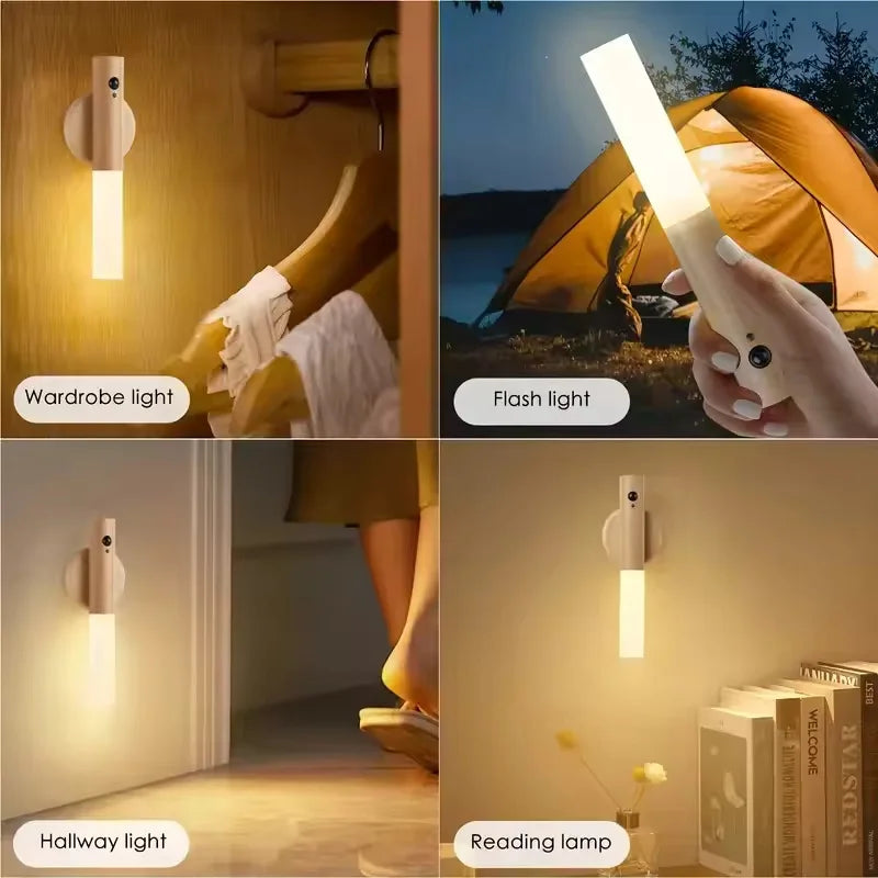 Rechargeable LED motion sensor light in wood-effect finish, shown as a wall light, handheld torch, and reading lamp.