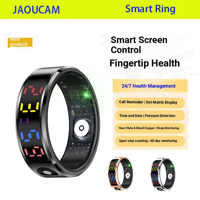 Sleek black smart ring with a digital dot-matrix display and internal health sensors for fitness and sleep tracking.