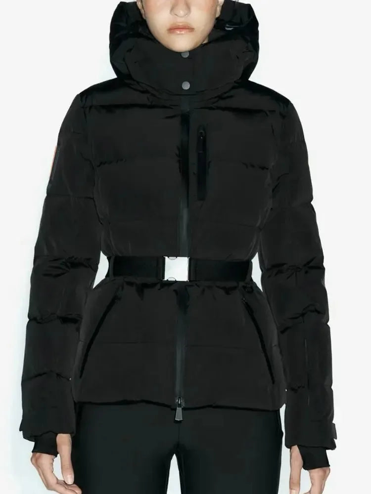 Black hooded puffer jacket with a belted waist, zip front, and quilted design for a sleek, insulated look.