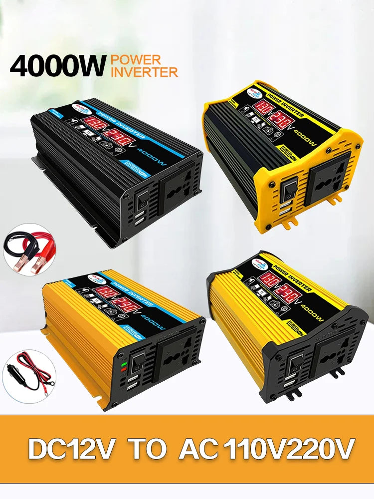Four 4000W DC to AC power inverters in black or yellow, featuring digital displays, USB ports and battery cables.