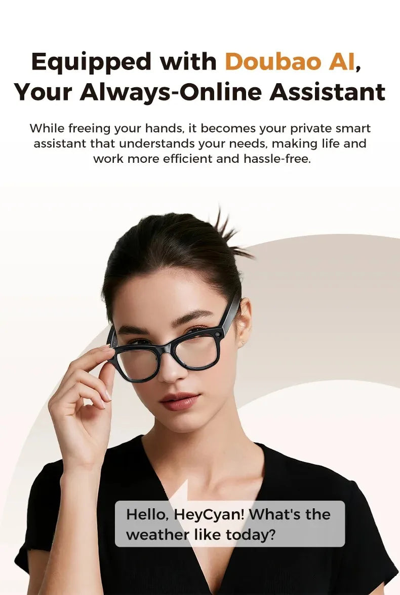 A person wearing sleek, black smart glasses with photochromic lenses that feature built-in audio and recording tech.