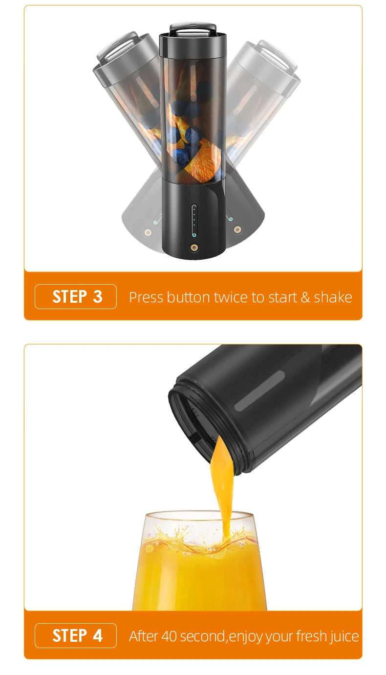Black portable blender shown in two steps: shaking fruit with liquid, then pouring fresh juice into a glass.