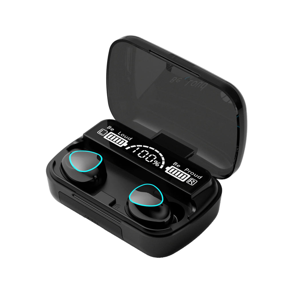Black wireless earbuds in a charging case with a digital battery display showing 100% and glowing blue ring accents.