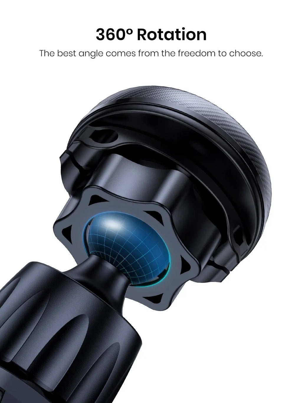 Black car phone mount with a rotating ball joint design and a textured, sleek finish.