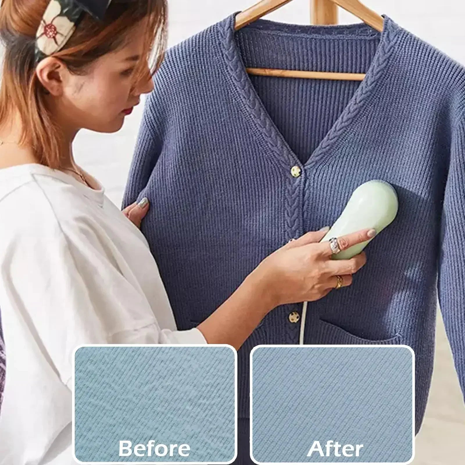 A person using a mint green handheld fabric shaver on a blue knitted cardigan, with a before-and-after comparison.