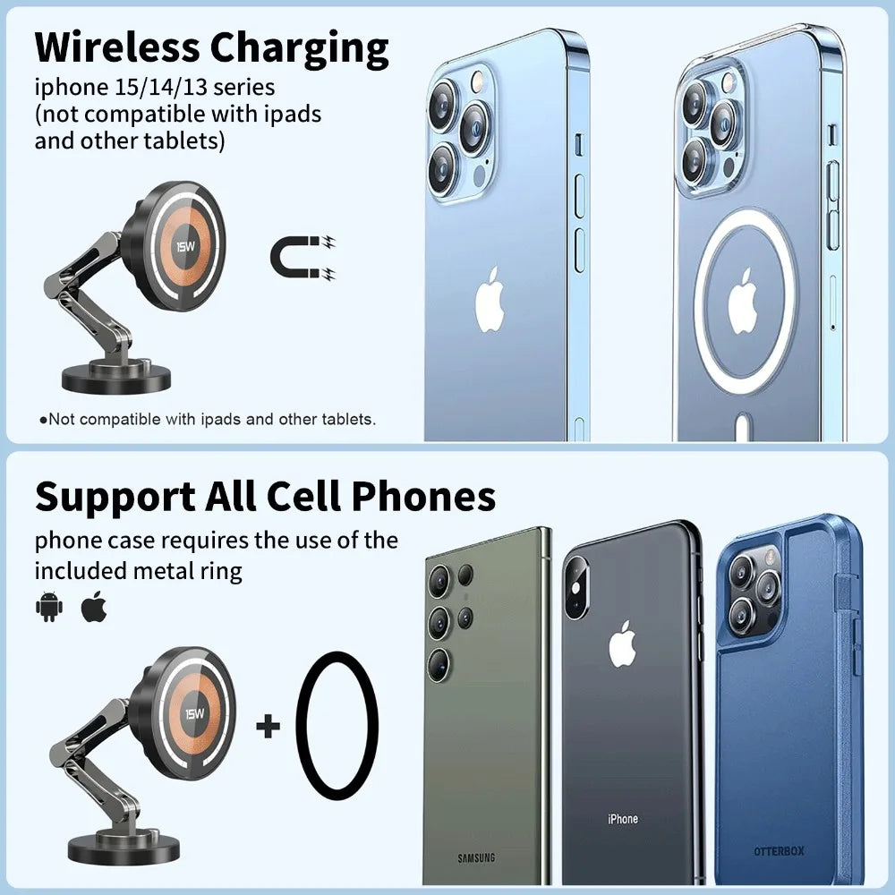 Adjustable silver magnetic phone stand for wireless charging, shown with various smartphones and cases.
