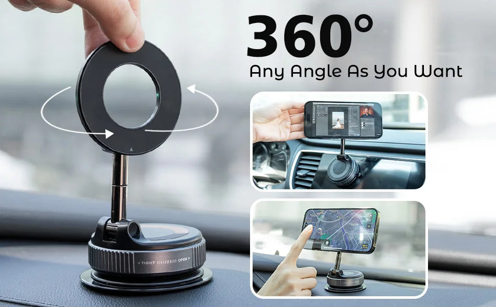 Black 360-degree adjustable magnetic phone car mount with a slim, modern design and extending metallic arm.