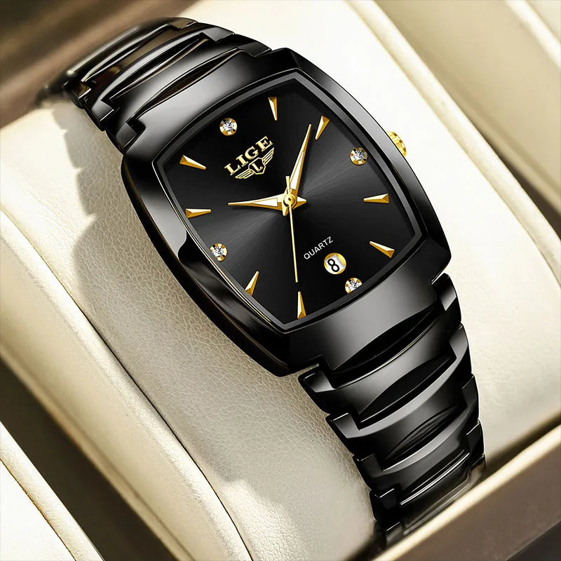 Ladies' black stainless steel quartz watch with a square face, gold accents, crystal markers, and a date display.