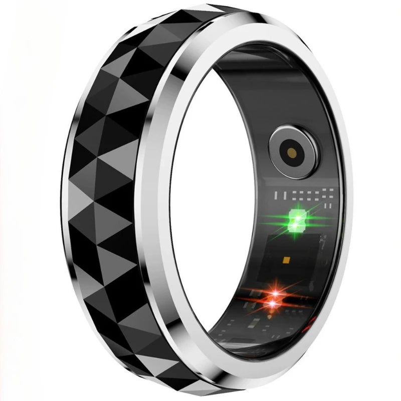 Black and silver smart health ring with a geometric faceted design and integrated health monitoring sensors.