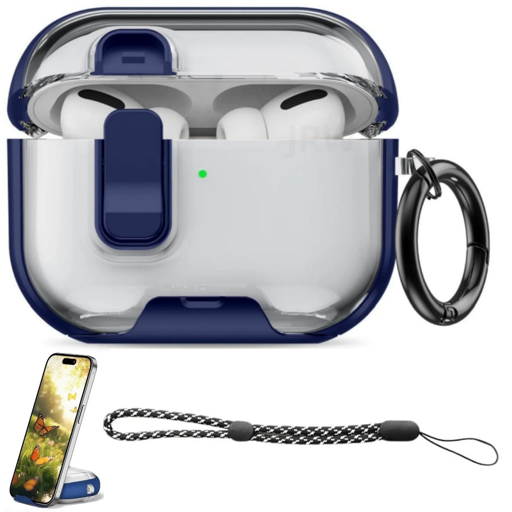 Clear and navy blue protective case for AirPods Pro with locking clip, keychain ring, and patterned wrist lanyard.