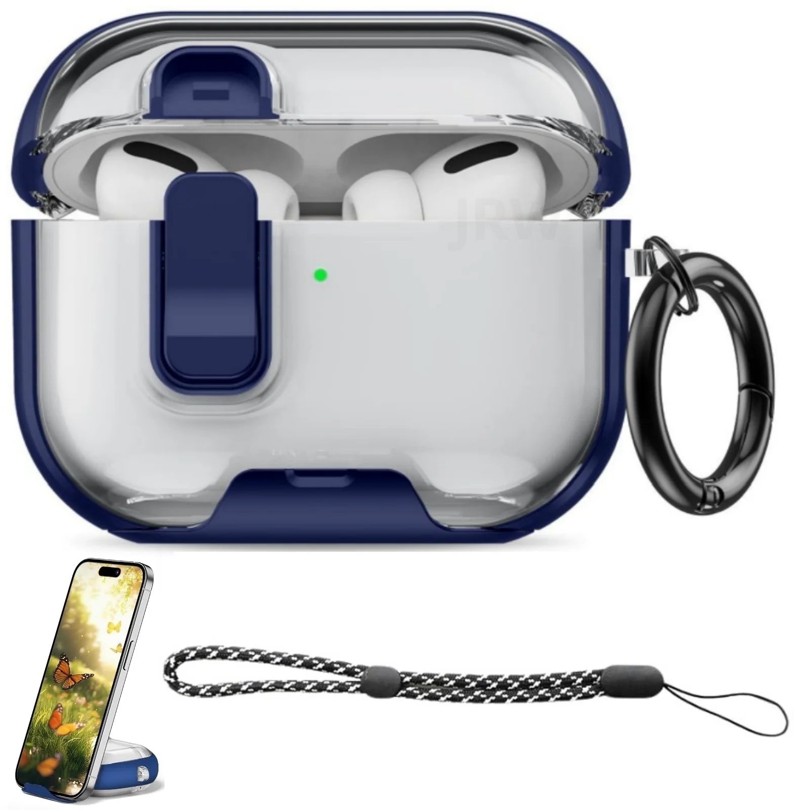 Clear and navy blue protective case for AirPods Pro with locking clip, keychain ring, and patterned wrist lanyard.