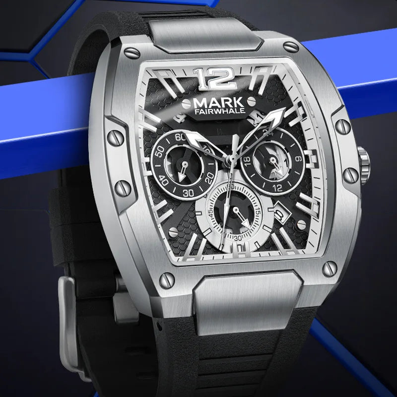 Silver tonneau wristwatch with black textured dial, three subdials, and black silicone strap.