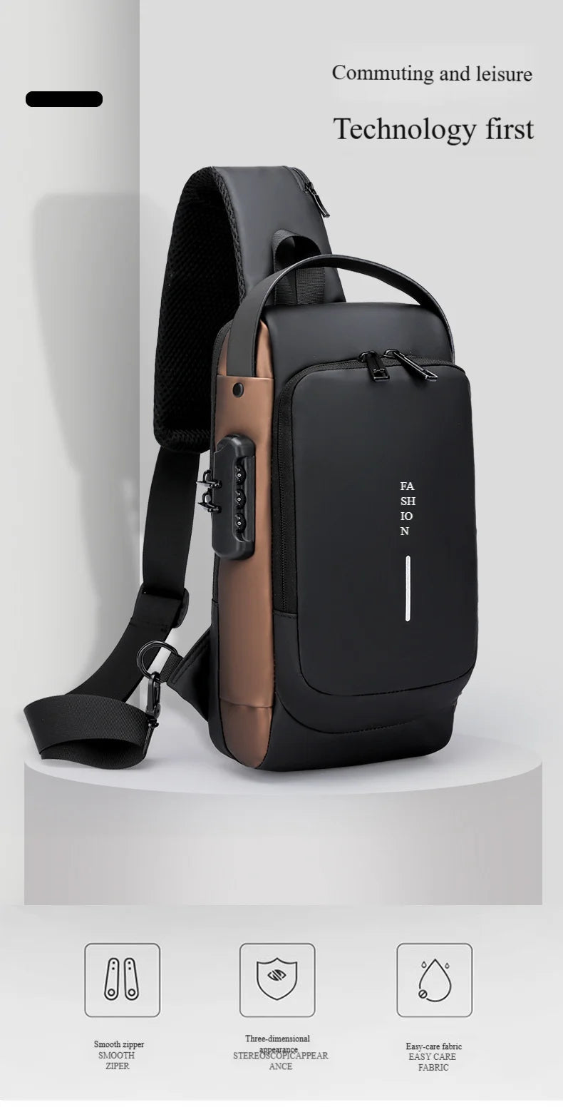 Sleek black and bronze anti-theft chest bag with a combination lock, adjustable strap, and integrated charging port.