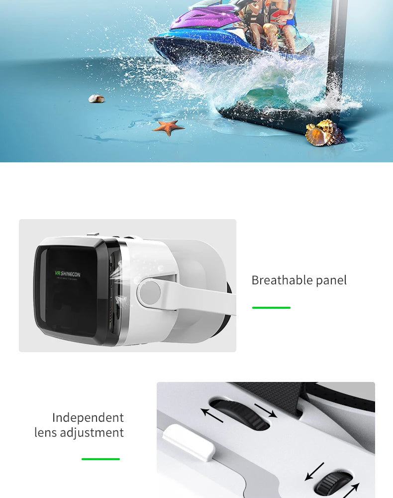 White 3D smartphone VR headset with a breathable panel and independent lens adjustment dials for a custom fit.