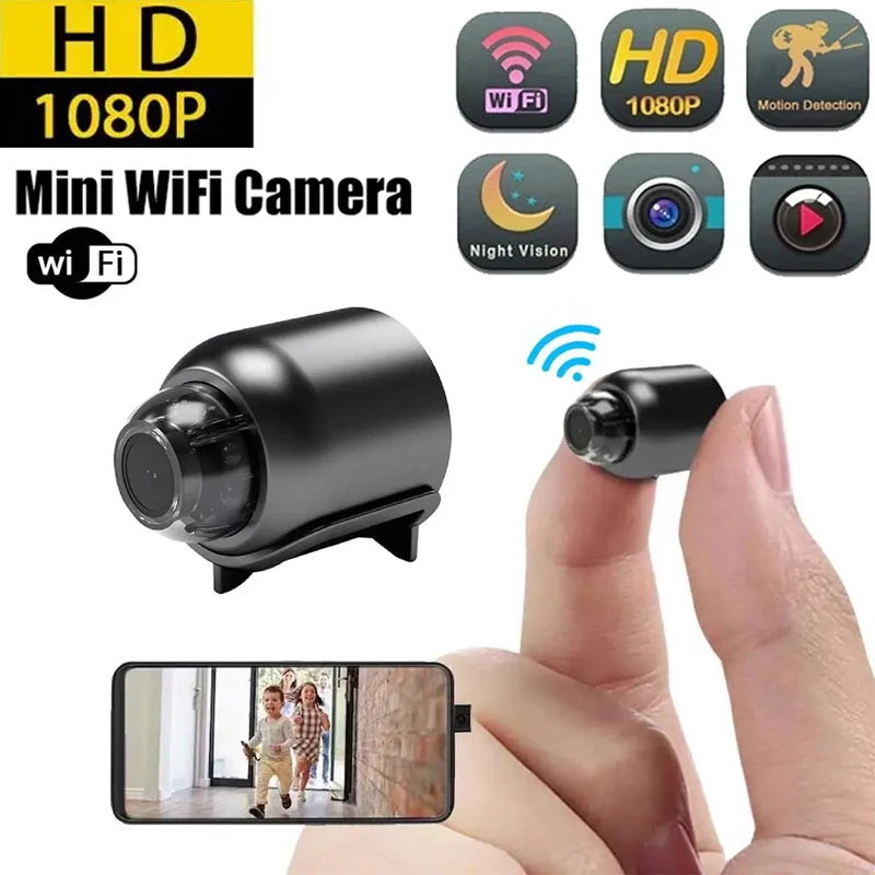 Small black plastic mini WiFi camera with 1080p resolution, motion detection, and night vision capabilities.