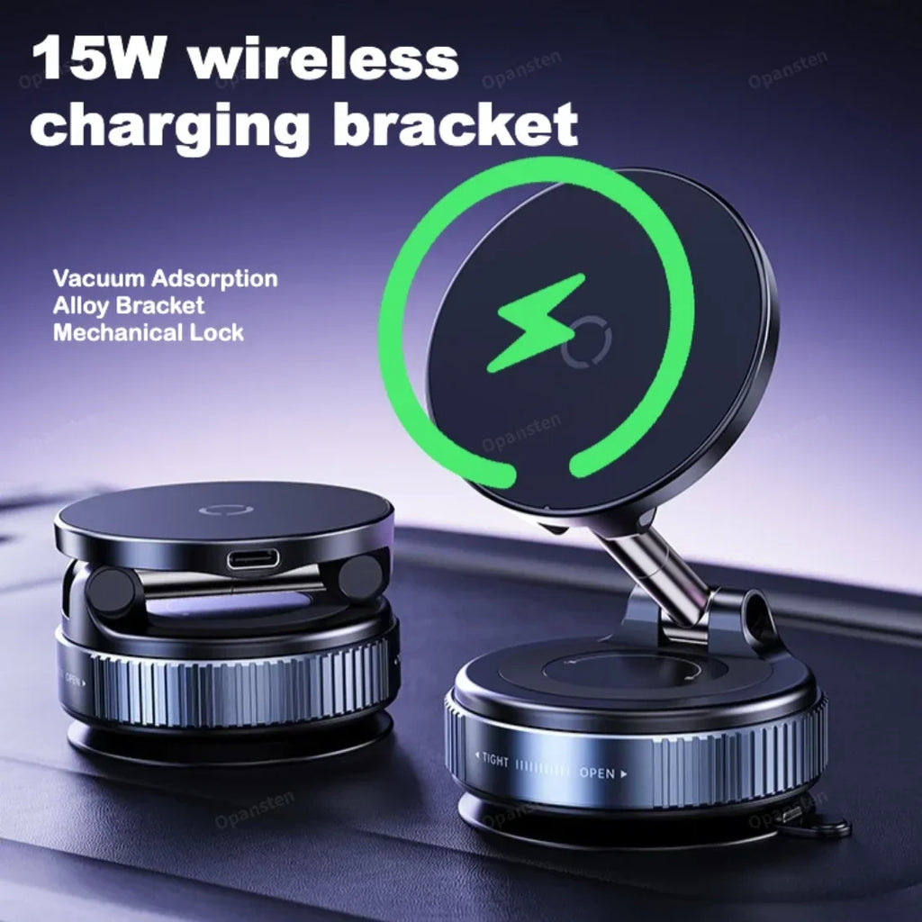 Black 15W wireless charging car mount with an adjustable alloy bracket, mechanical lock, and sleek, metallic design.