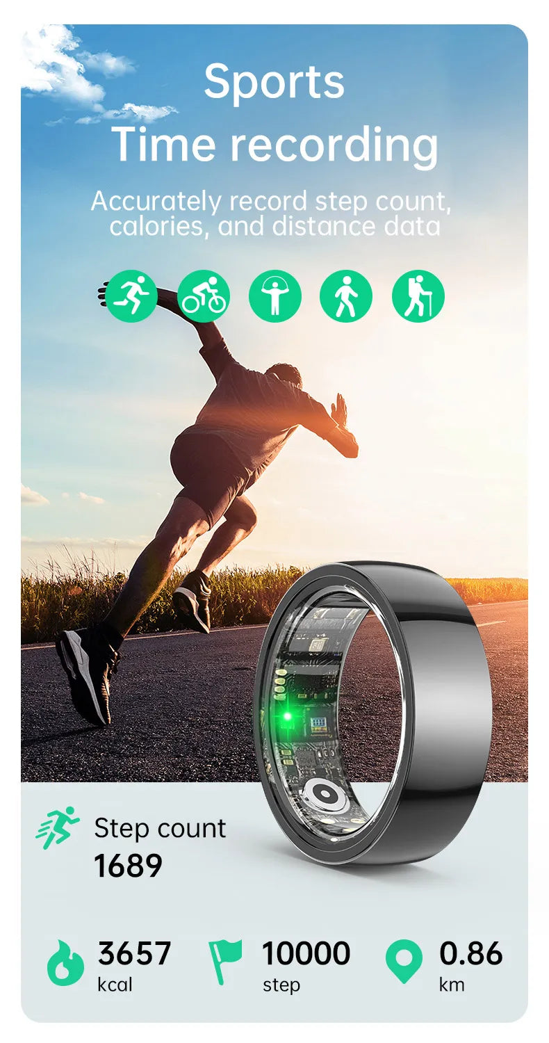A sleek, black smart fitness ring shown next to a runner, highlighting health tracking data like steps and calories.
