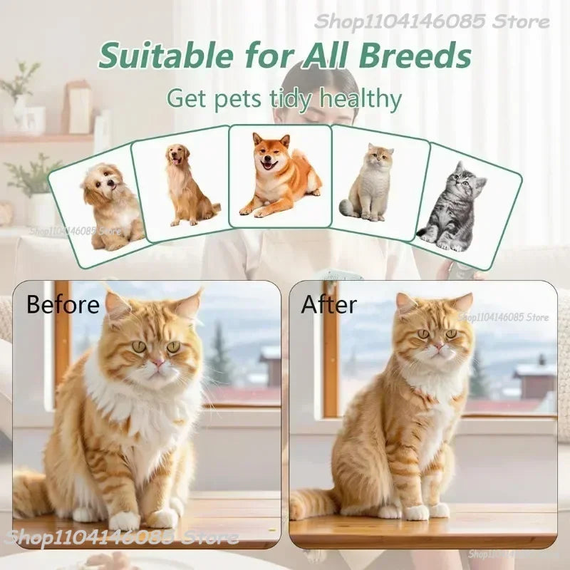 Before and after images of a ginger cat groomed with a pet grooming tool, with examples of various dog and cat breeds.