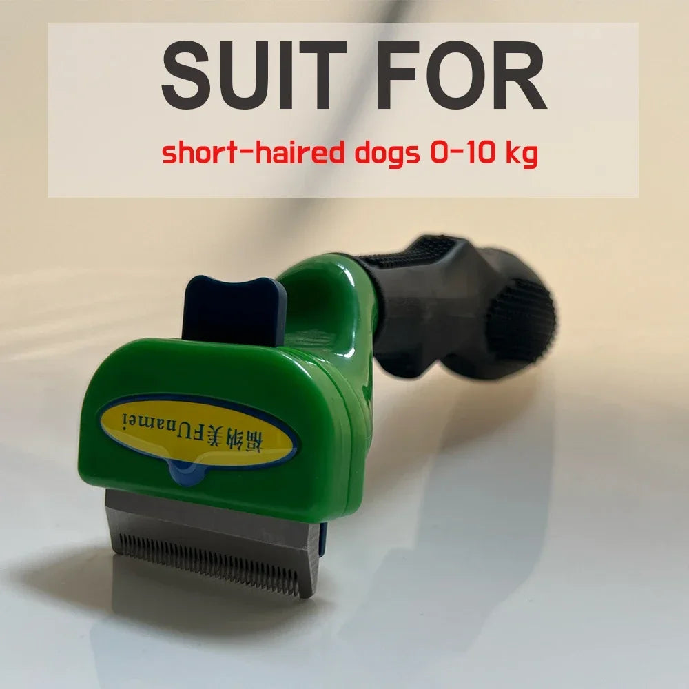 Green and black pet deshedding tool for small, short-haired dogs with a metal blade and push-button release.