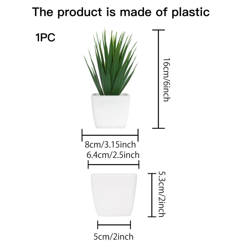 A small artificial spiky green plant in a square white pot, shown with height and width measurements in centimeters/inches.