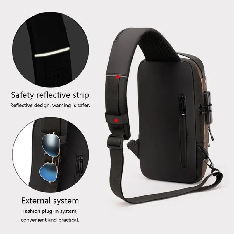 Black waterproof crossbody sling bag with a reflective strap, USB charging port, and external eyewear loop.
