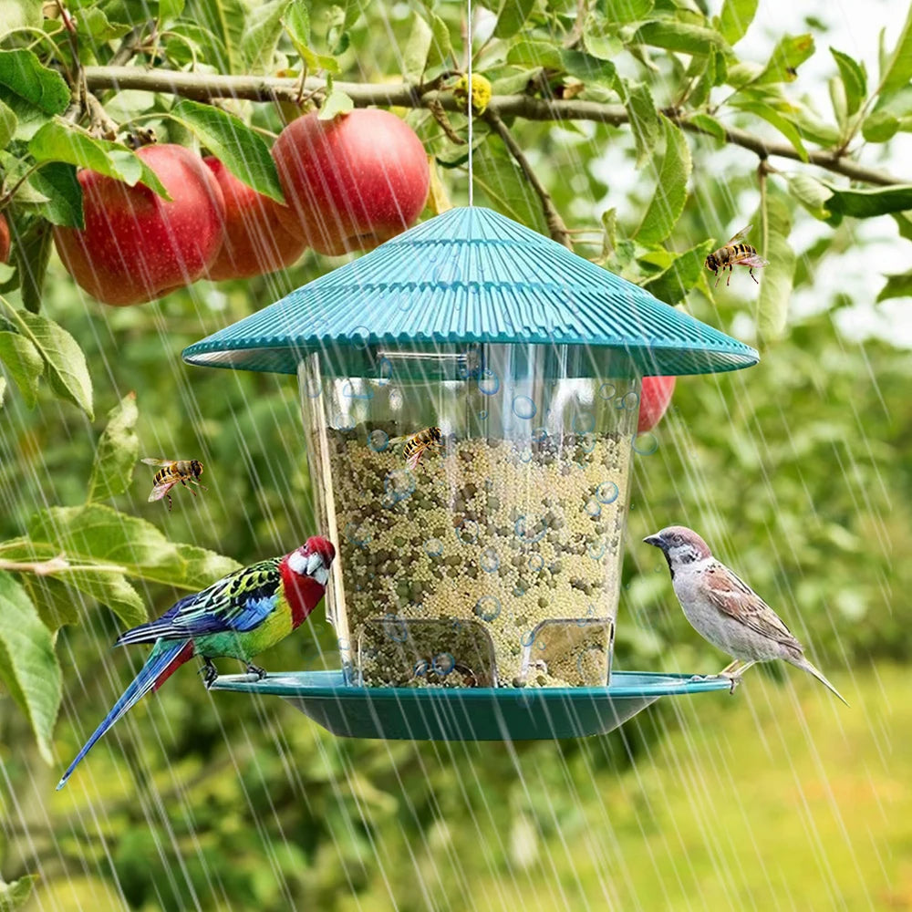 Teal green, roof-style bird feeder with a clear, seed-filled chamber, hanging in an apple tree with birds and bees.