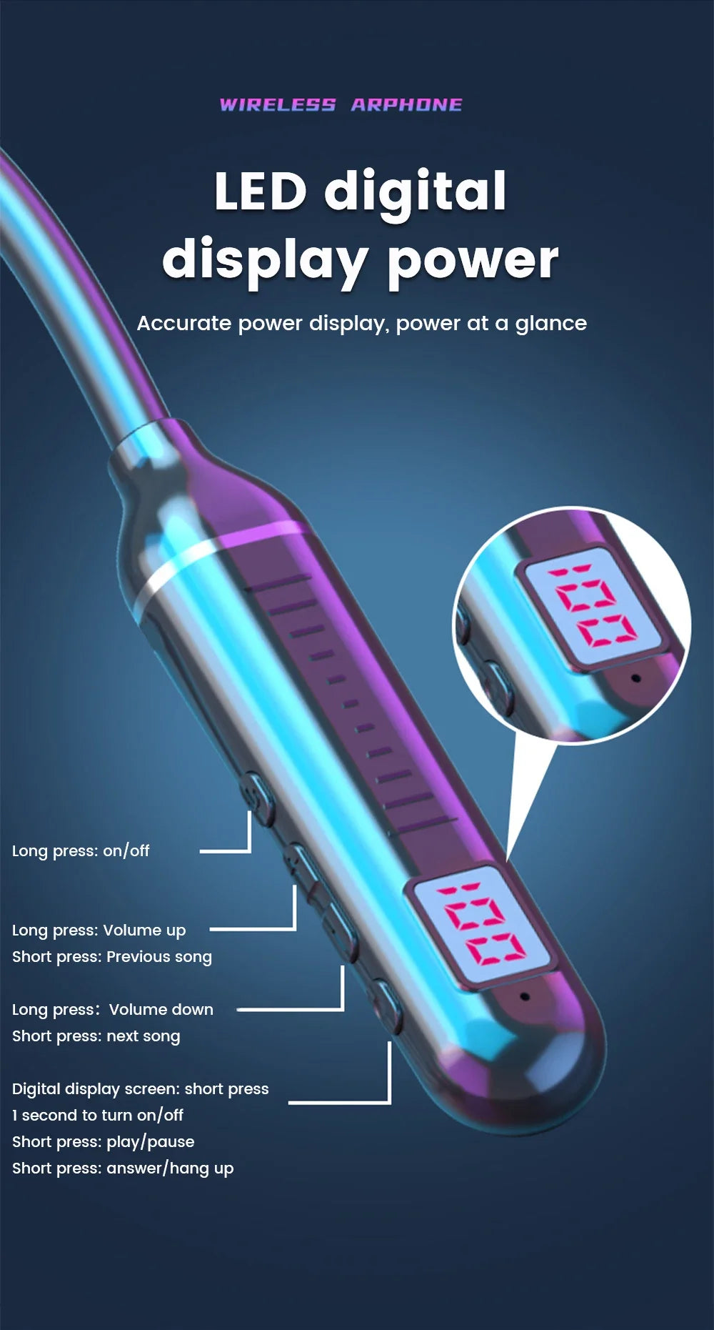 Iridescent wireless neckband earphones featuring a digital LED battery display and side control buttons.