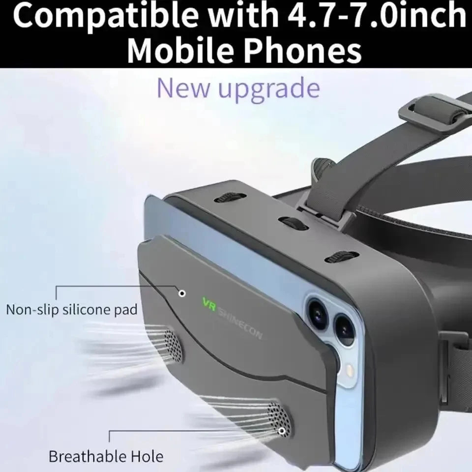 Gray VR headset with adjustable straps, a smartphone inserted in the front, and labeled ventilation holes.