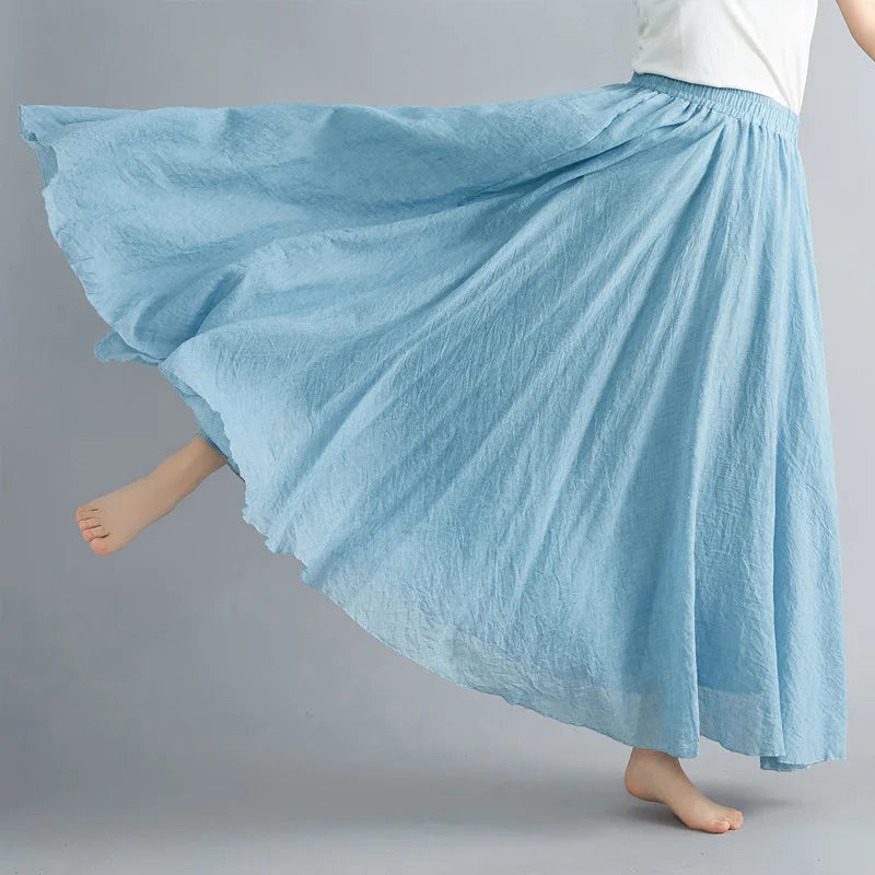 Flowing light blue midi skirt with an elasticated waistband, featuring a soft, textured fabric and relaxed fit.