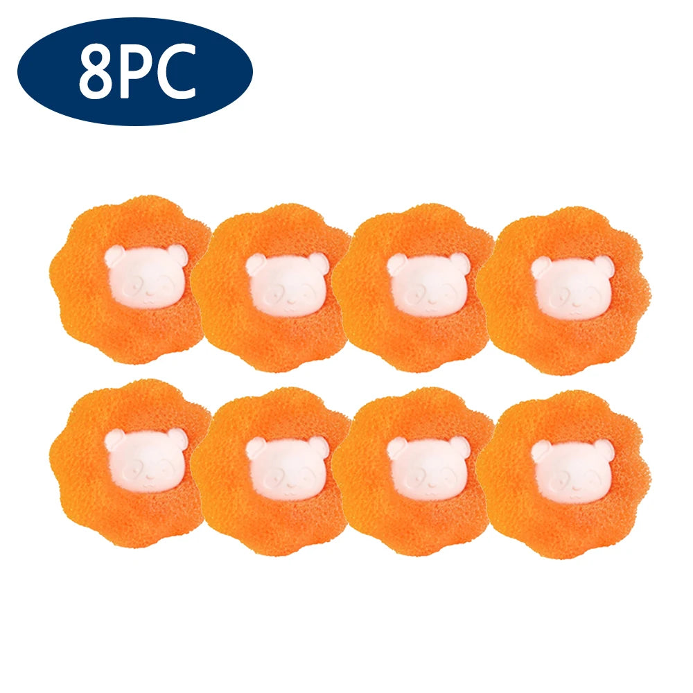 Pack of eight bright orange flower-shaped kitchen sponges featuring a cute, white raised panda face in the centre.