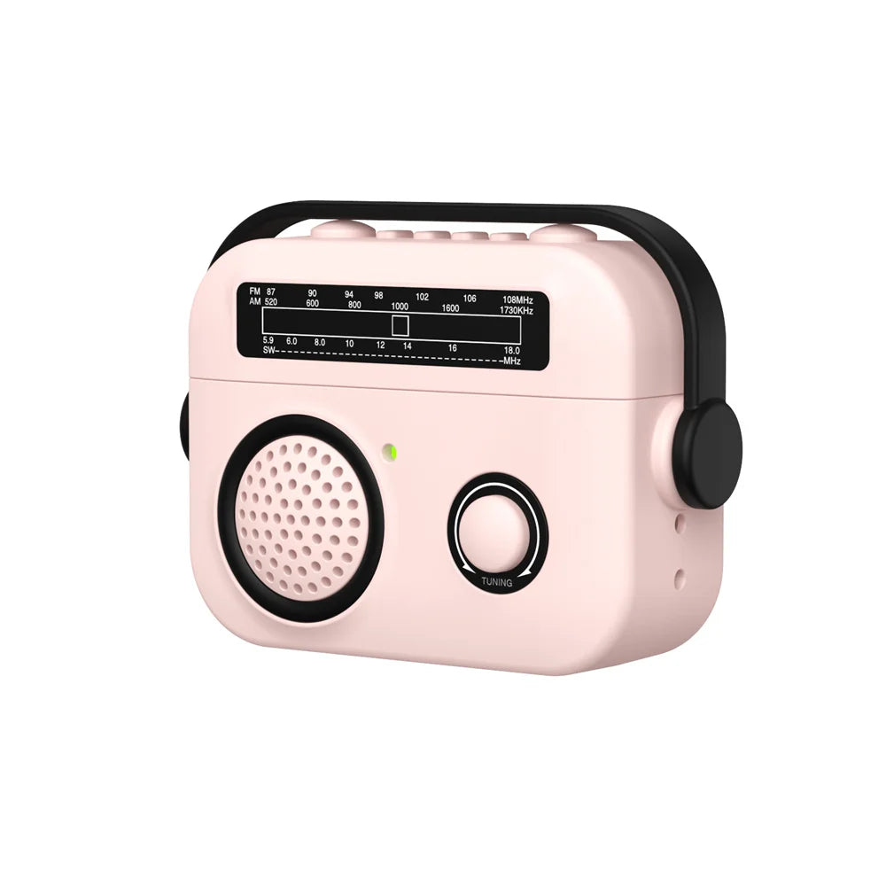 Pale pink silicone AirPod case designed like a vintage retro radio with black handle and tuning dial detail.