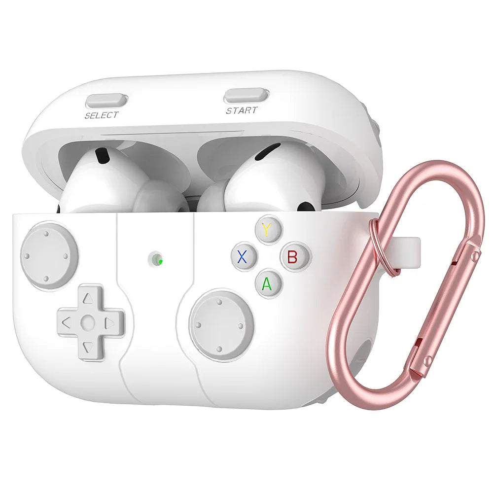 White silicone AirPods Pro case featuring a retro game controller design with rose gold carabiner.