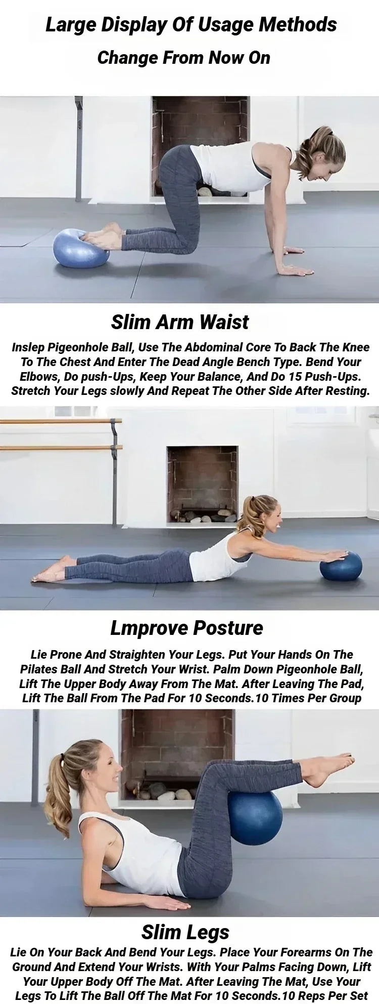 A woman demonstrates three exercises using a small, smooth, blue Pilates or yoga ball.