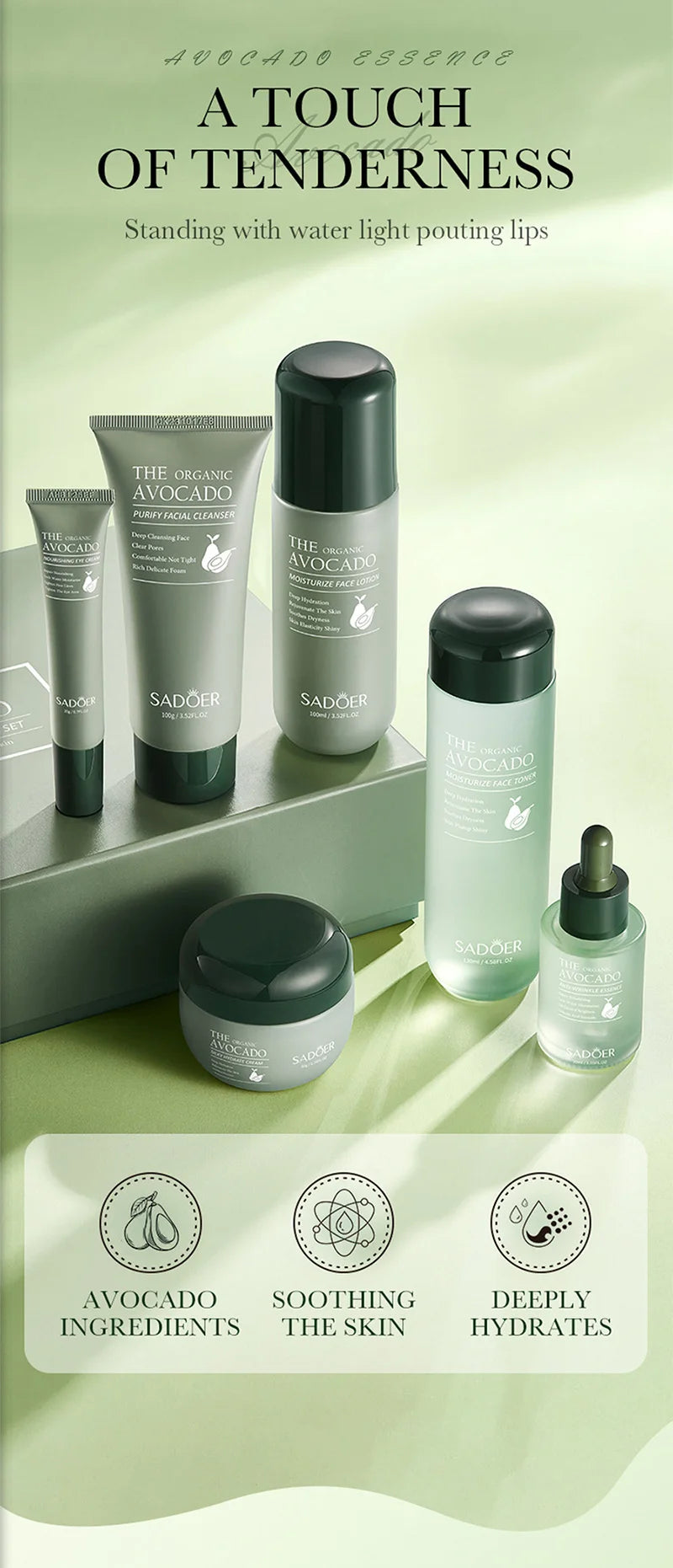 Set of six avocado-infused skincare products in green packaging, featuring hydrating cleanser, lotion, toner, and cream.