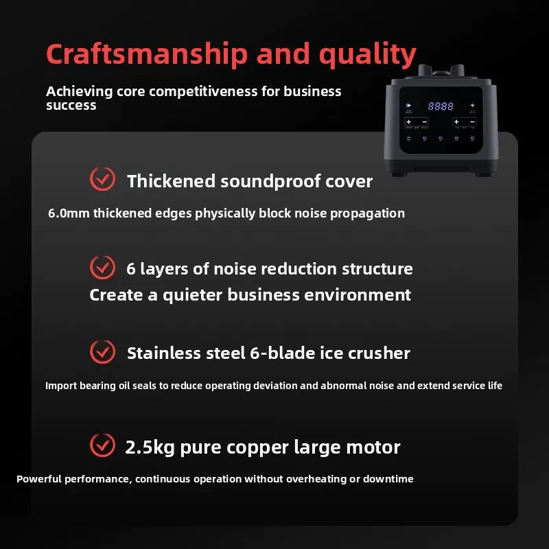 Dark grey commercial blender featuring a digital display panel and soundproofing details.