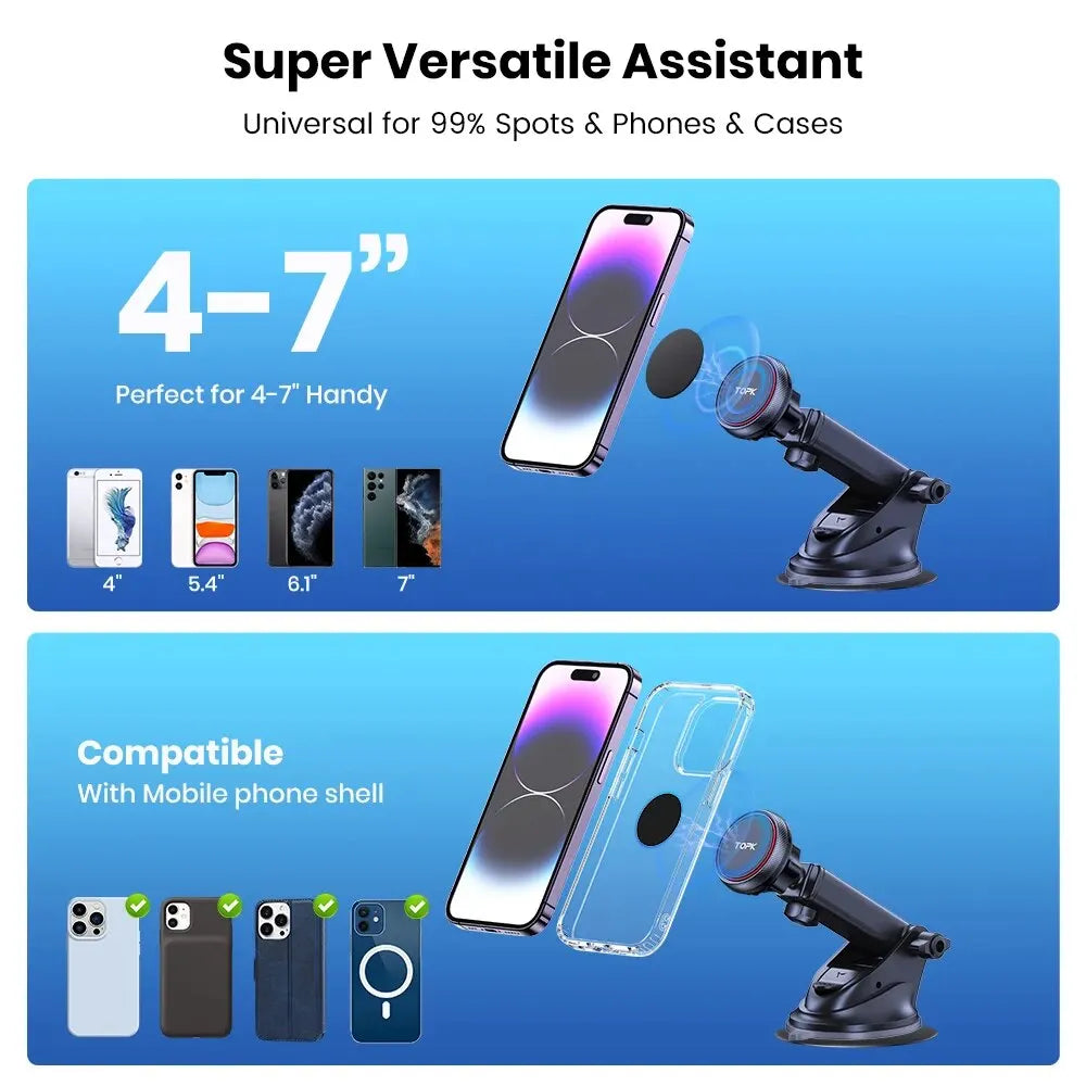 Black magnetic car phone mount with adjustable arm and suction base, designed for 4-7 inch smartphones and cases.