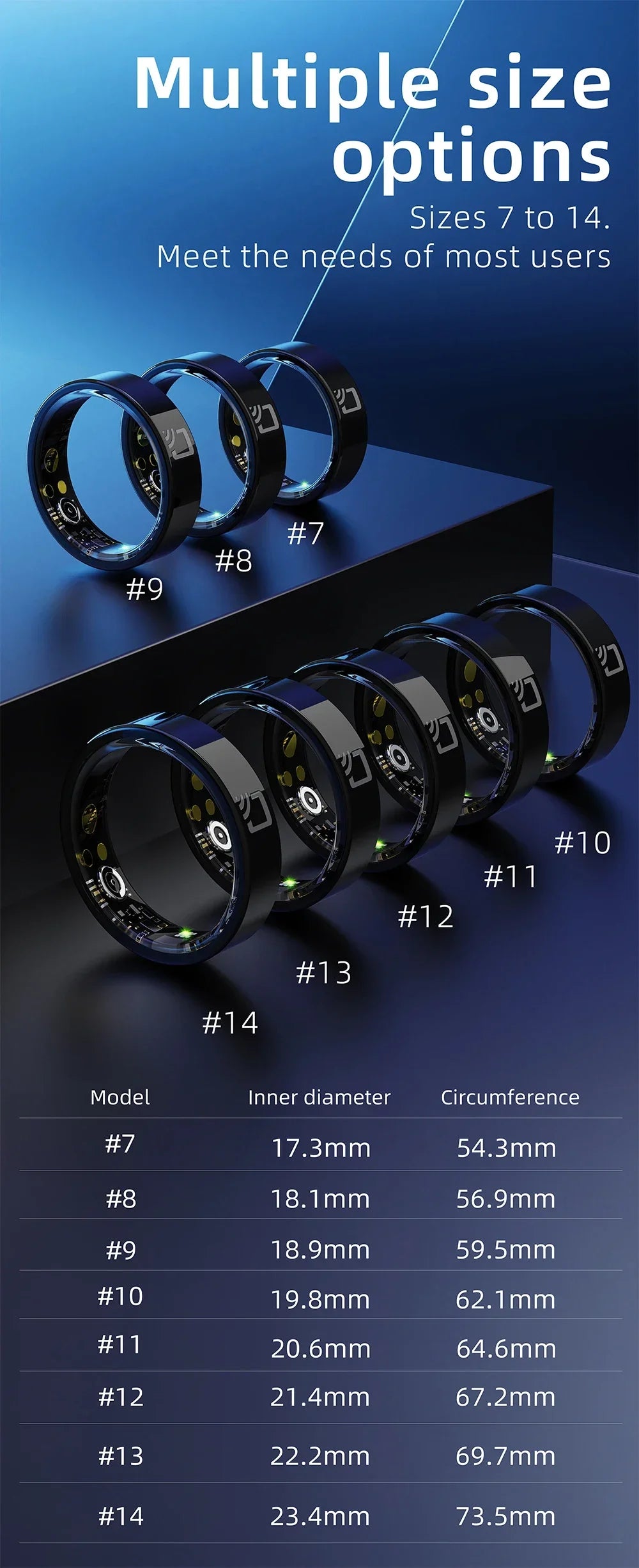 Sleek black NFC smart rings in sizes 7–14, featuring interior heart rate and sleep tracking sensors.