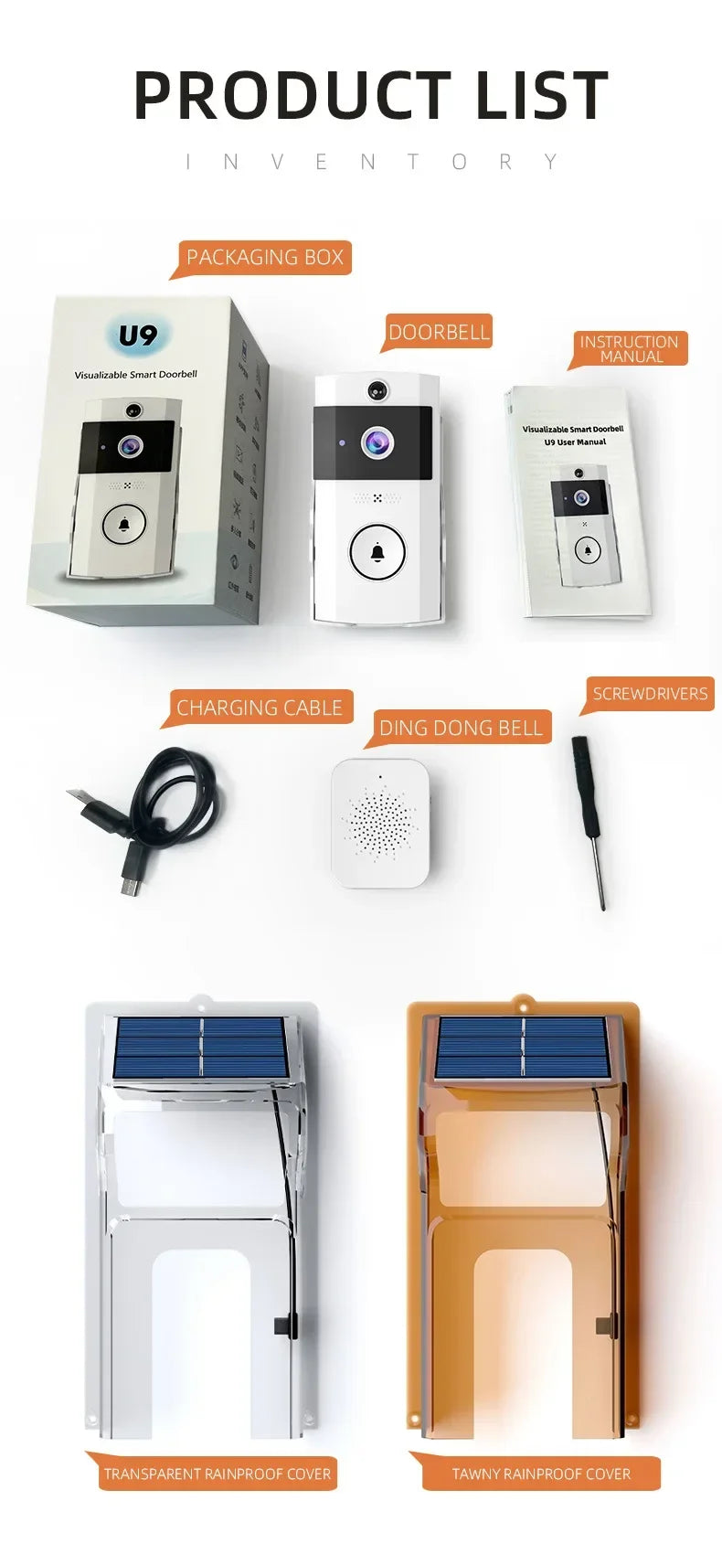 White wireless smart doorbell set with camera, charging cable, internal chime, screwdriver, and two rainproof covers.
