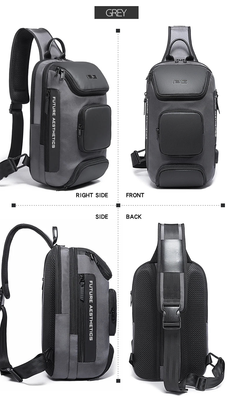 Grey multifunctional crossbody bag with zipped front pockets, adjustable strap and breathable mesh back panel.