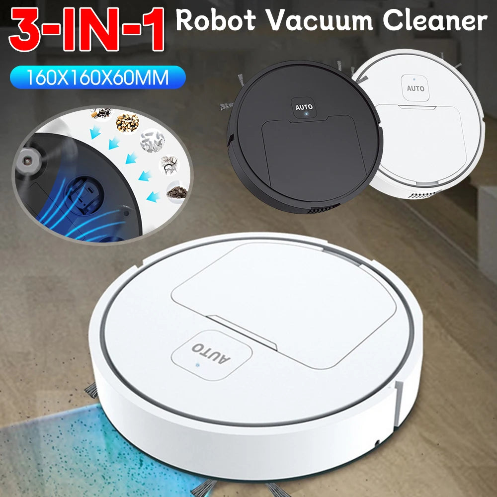 A white 3-in-1 robot vacuum cleaner is on a floor, with a black and white version and a suction demonstration inset above.